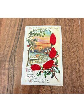 Antique 1918 Christmas Postcard RED SILK Applique Holly Wolf & Co Novelty